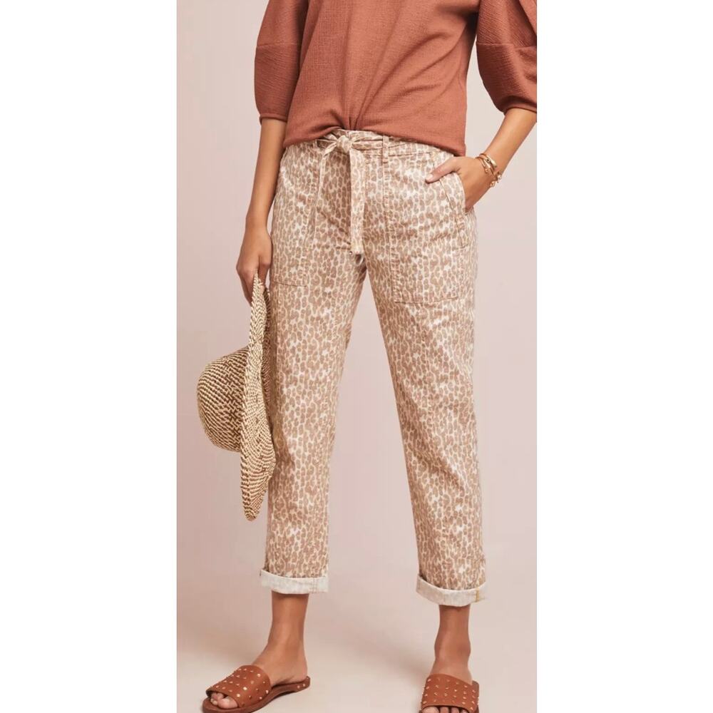 Anthropologie Pilcro Wanderer Belt Utility Pant Tan Animal Print Linen Blend 28